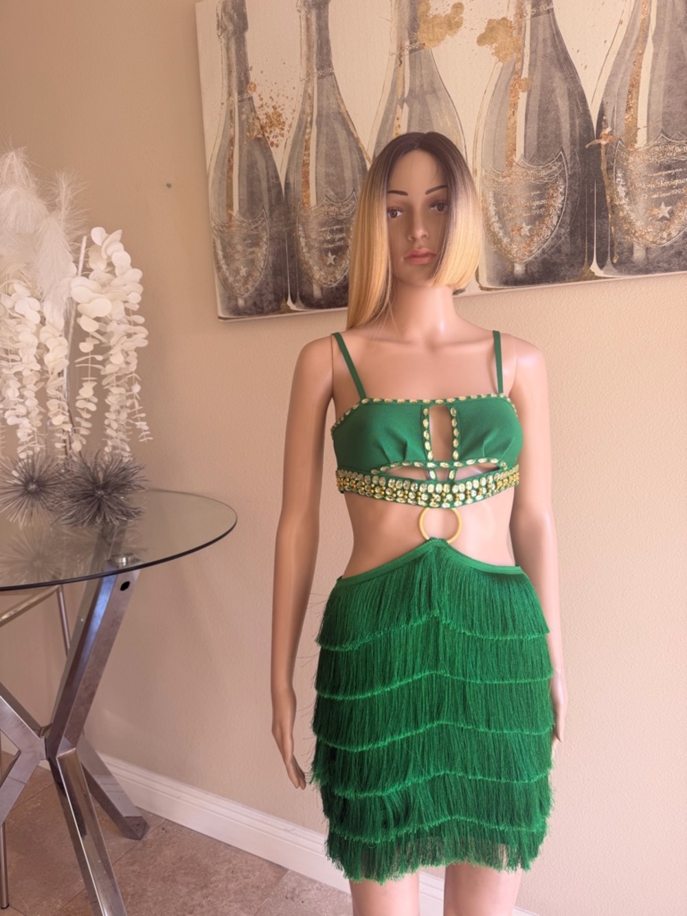 Green Beaded Fringe Bandage Dress